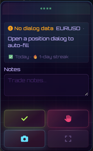 Backtick journal widget on a TradingView chart — double-click trades get logged with automatic stats